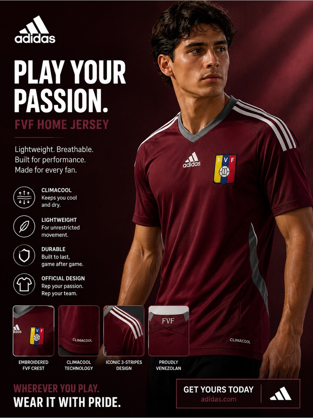 adidas Burgundy Soccer Jersey with Gray Trim